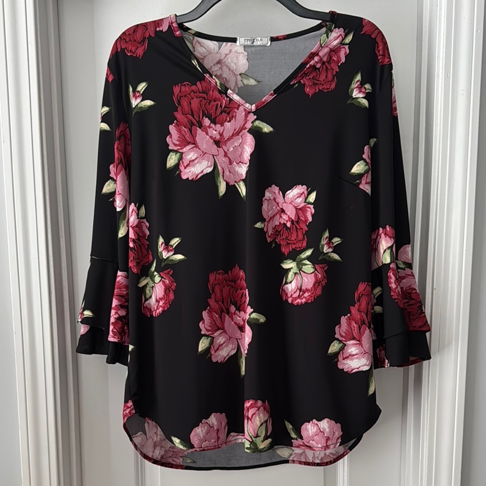 Black and Pink Floral 3/4 Bell Sleeve Blouse (L)